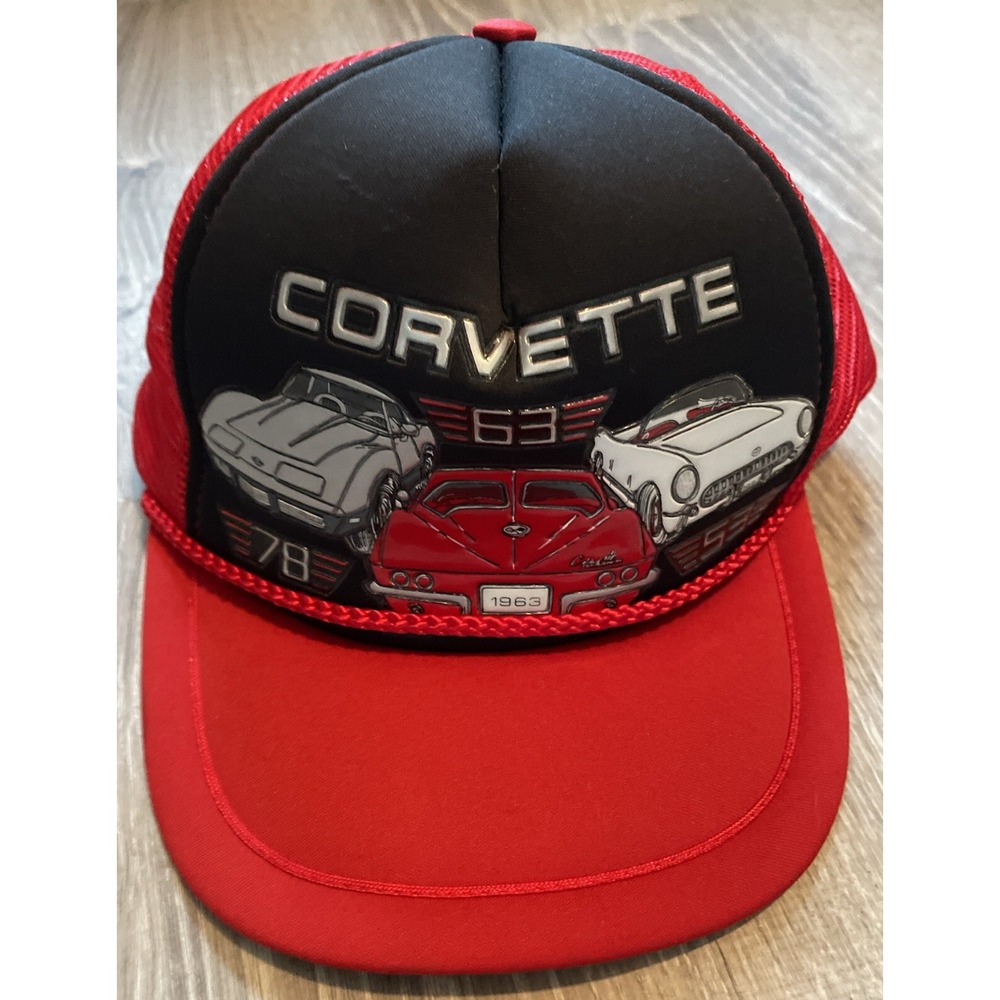 Vintage Corvette Hat Cap Snap Back Black 53 63 78 Models Trucker Foam Mesh